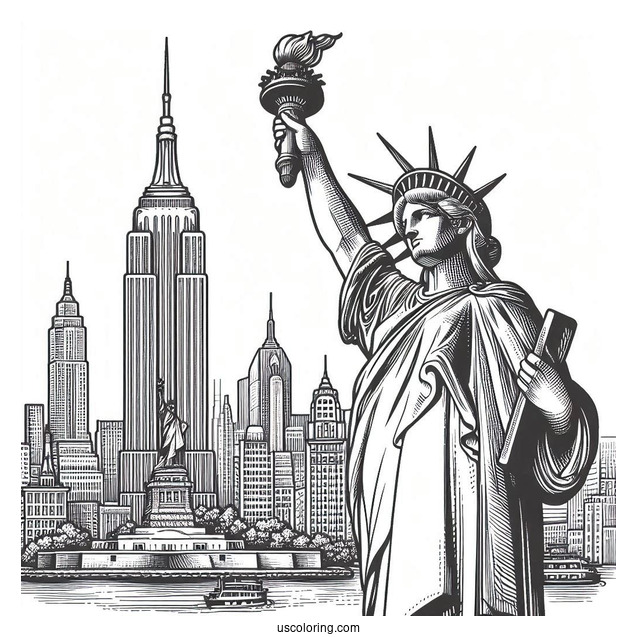Vintage Statue Of Liberty With New York Coloring Page