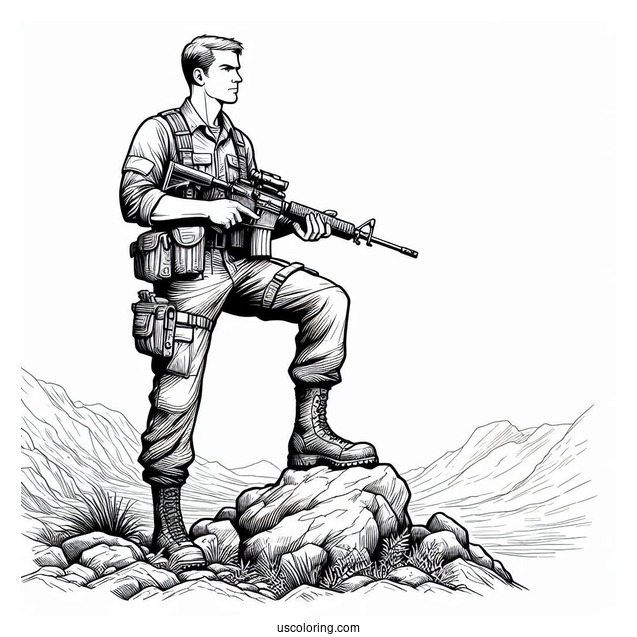 Armed Male Soldier Coloring Page Standing On Top Of Rocky Terrain