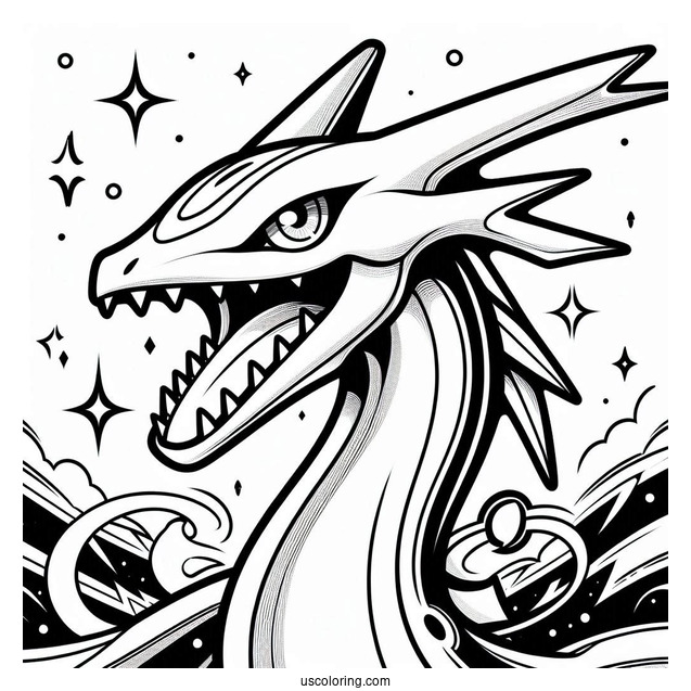 Easy Rayquaza Coloring Page With Sharp Teeth For Kids