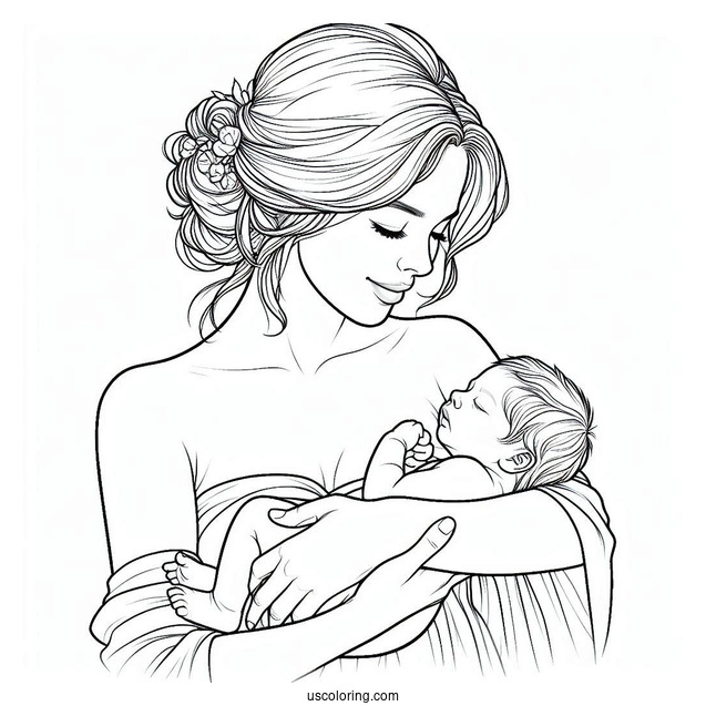 Realistic Woman Holding Newborn Baby Coloring Page