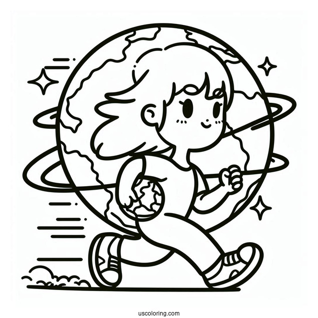 Cartoon Earth Running Coloring Page For Kids