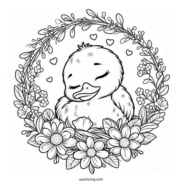 Sleeping Duckling Inside A Flower Wreath