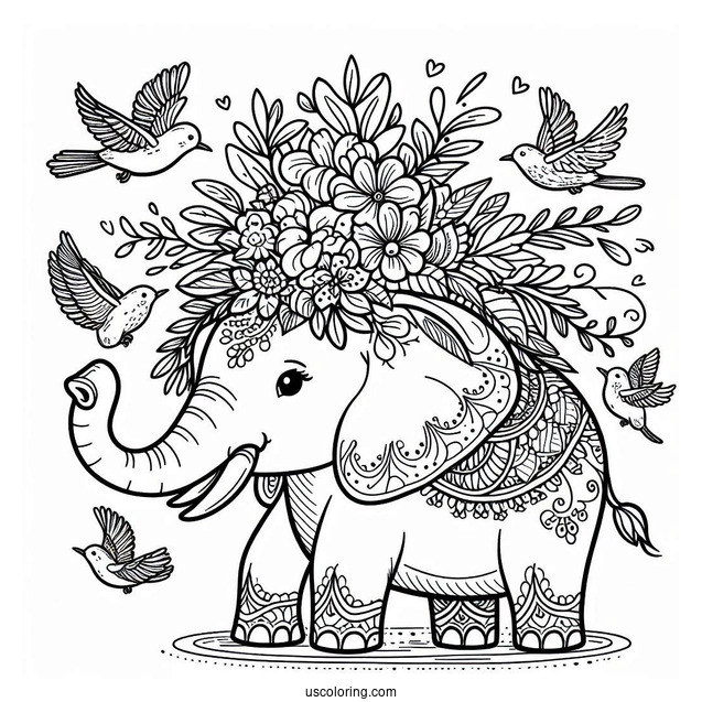 Majestic Elephant With Birds On Head Coloring Page