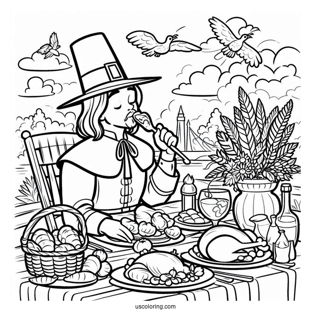 Pilgrim Coloring Page Eating Thanksgiving Feast With Native Americans