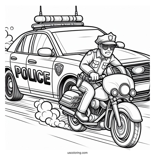 Police Car Coloring Page Chasing A Criminal On A Motorcycle
