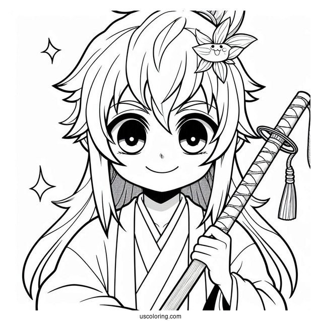 Smiling Tanjiro Coloring Page Holding Nichirin Sword Behind Him