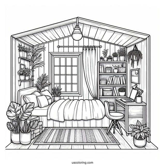 Bedroom Coloring Page Of Tiny Studio Apartment With Bookshelf And Plants