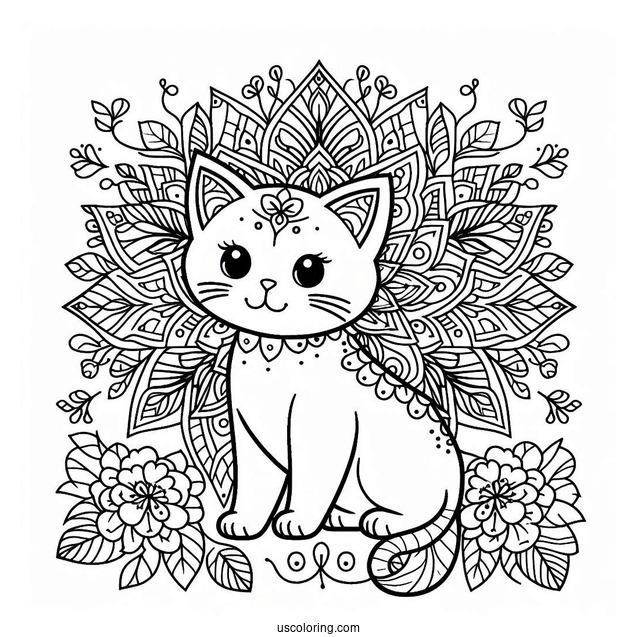 Cat-Shaped Floral Mandala Coloring Page
