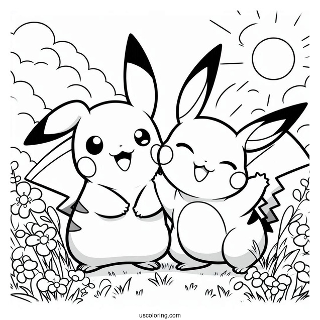 Happy Pikachu And Raichu Coloring Page On A Field