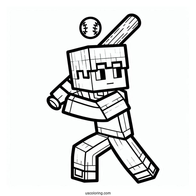 Minecraft Baseball Coloring Page Of Player Batting For Kids