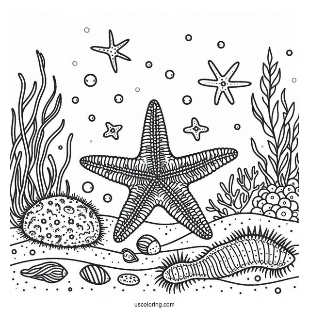 Simple Starfish Coloring Page On The Sea Floor With Sea Cucumber And Brittle Star