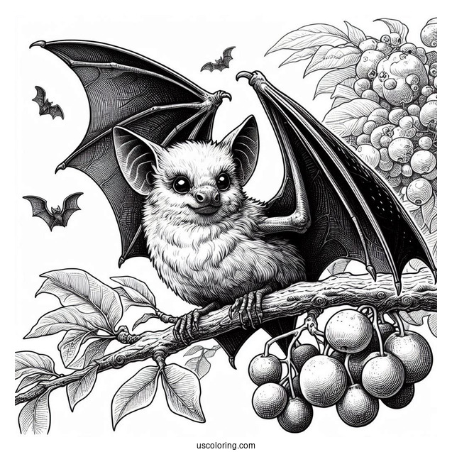 Close Up Of Realistic Bat Coloring Page Roosting On Fruit Tree