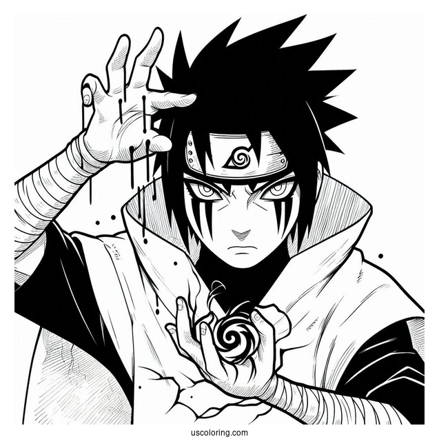 Sasuke Coloring Page Performing Ninjutsu With Curse Mark