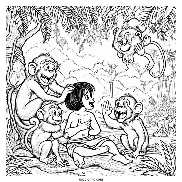Jungle Book Coloring Page Of Monkeys Teasing Mowgli