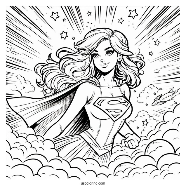 Comic Supergirl Coloring Page In The Clouds