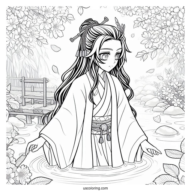 Tanjiro Coloring Page With Nezuko Kamado Surrounded By Water And Cherry Blossoms