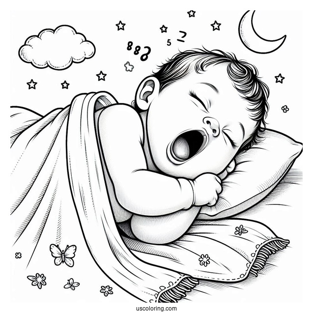 Realistic Baby Coloring Page Yawning Under The Blanket