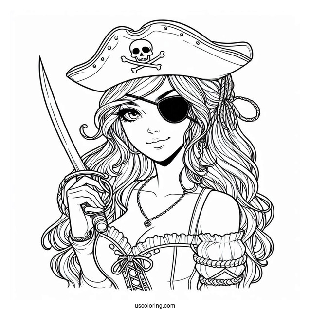 Female Pirate Coloring Page With Eyepatch, Sword, And Hook