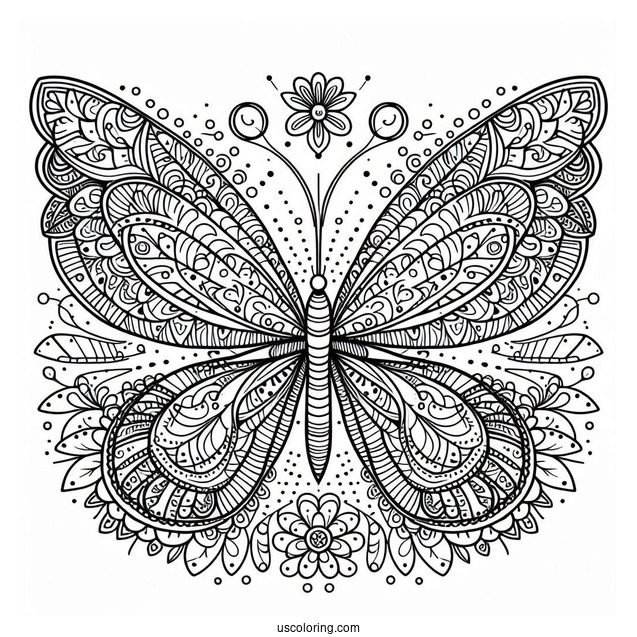 Complex Butterfly Coloring Page And Flower Mandala