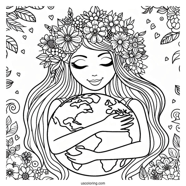 Woman With Flower Crown Hugging Earth Coloring Sheet