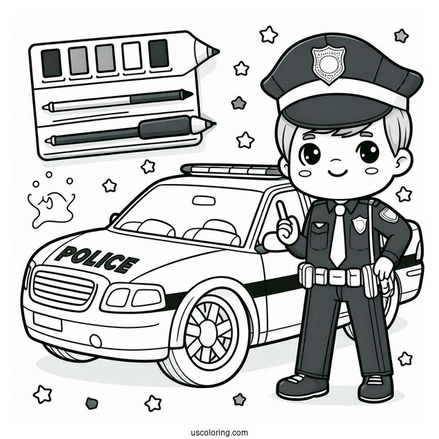 Cartoon Police Officer Next To His Police Car Coloring Page