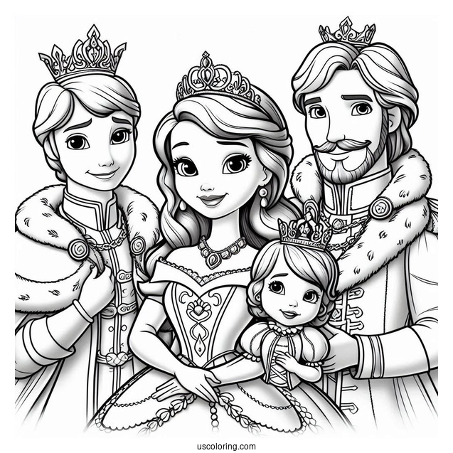 Sofia The First Coloring Pages With King Roland, Queen Miranda, Princess Amber, And Prince James