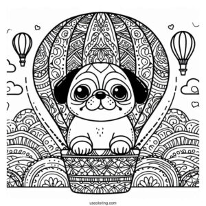 Pug Coloring Page in Patterned Hot Air Balloon for Kids