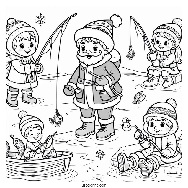 Children Ice Fishing In The North Pole Coloring Page For Kids