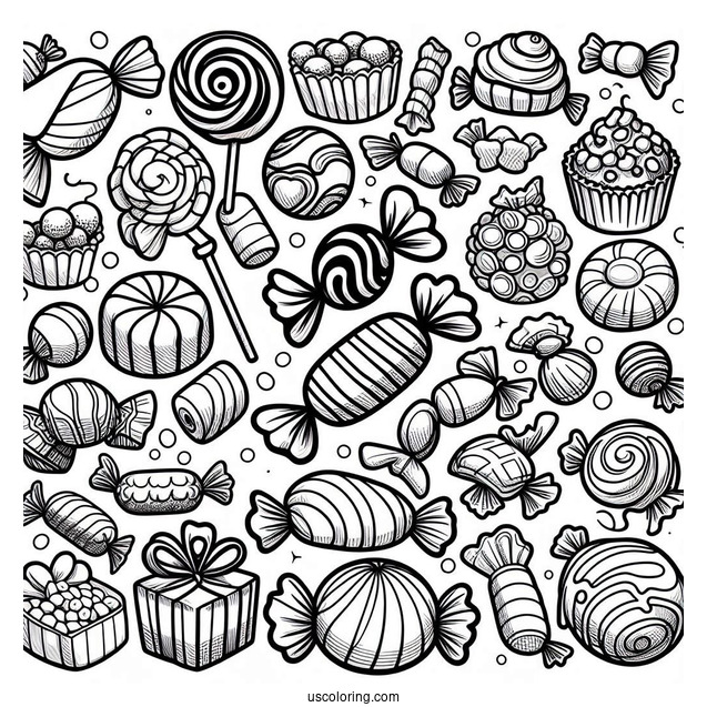 Full Page Of Assorted Candies To Color