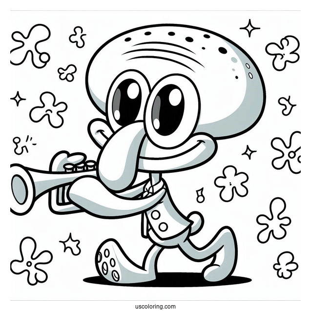Cute Squidward Coloring Page Playing Trumpet For Kids