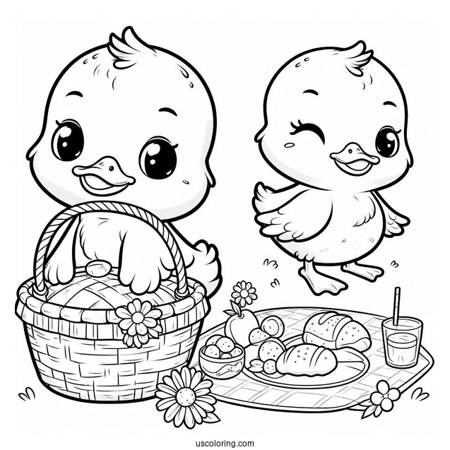Duckling with Picnic Basket and Food Coloring Sheet For Preschoolers