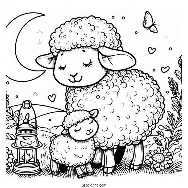 Mother Sheep And Lamp On Grass Coloring
