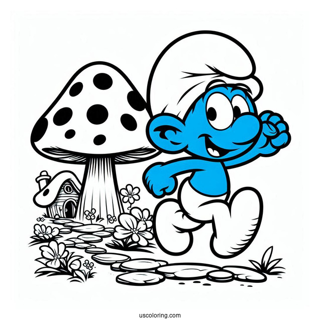 Smurf Running To Mushroom House Coloring Sheet