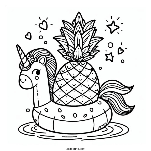 Summer Coloring Page Of Cheerful Pineapple On A Unicorn Floatie