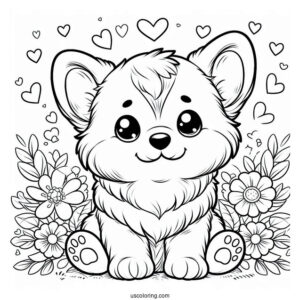 Adorable Corgi Puppy With Hearts Coloring Page