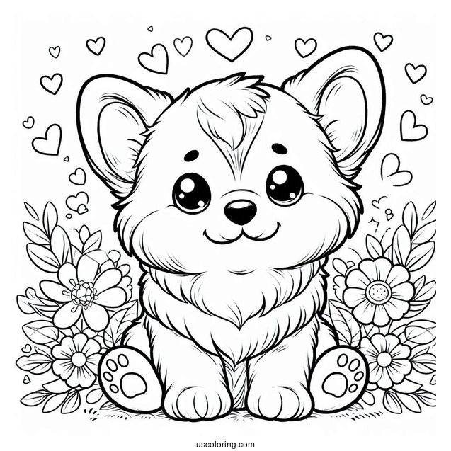 Adorable Corgi Puppy With Hearts Coloring Page