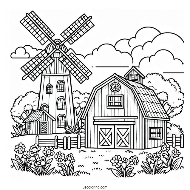 Easy Farm And Windmill To Color