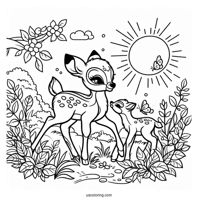 Simple Coloring Sheet Of Bambi And Mother Under The Sun