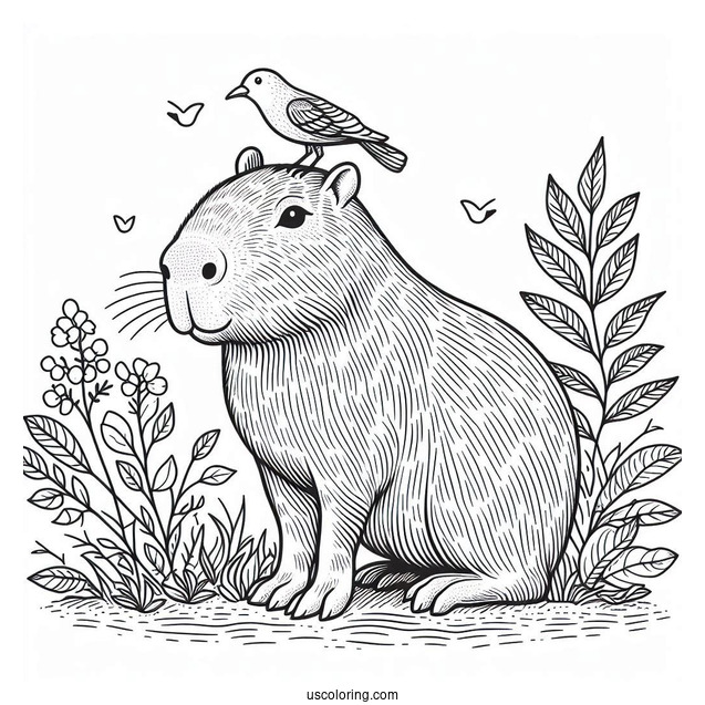 Capybara Coloring Page With Bird On Its Head