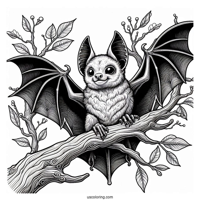 Realistic Bat Coloring Page Perched On Tree