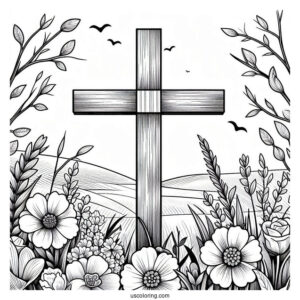 Easter Coloring Page Of Easter Cross With Flowers In A Field