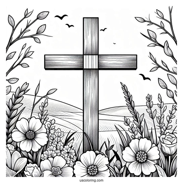 Easter Coloring Page Of Easter Cross With Flowers In A Field
