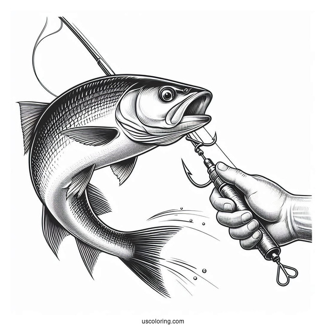 Realistic Fish Chasing The Bait On Fishing Coloring Page Rod