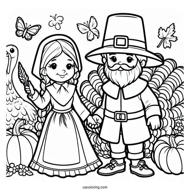 Man And Woman Pilgrim Coloring Page With Turkey And Pumpkin