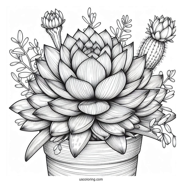 Realistic Succulent Coloring Page With Cactus