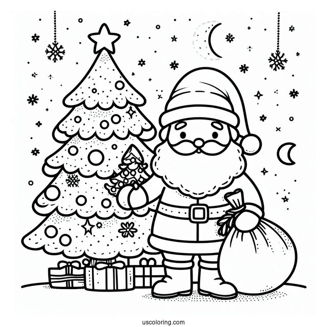Santa Claus With Christmas Tree Coloring Page