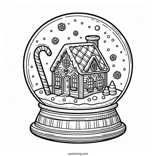 Fancy Gingerbread House With Candy Cane Snow Globe Coloring Page