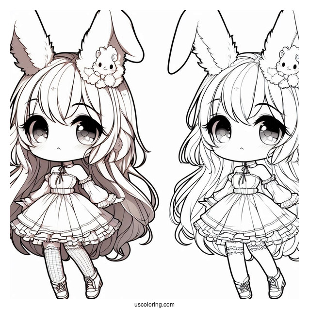 Chibi Girl With Furry Rabbit Ears Coloring Page