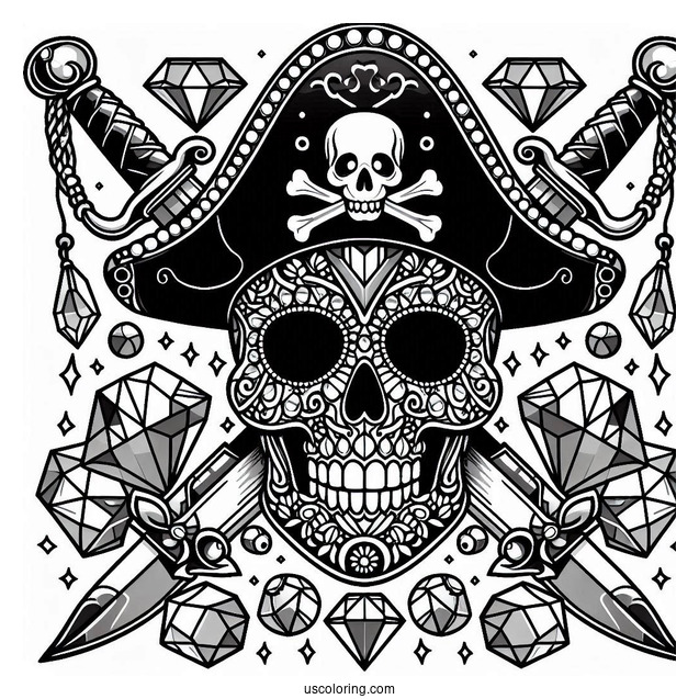 Bejeweled Pirate Coloring Page Skull With Swords For Kids