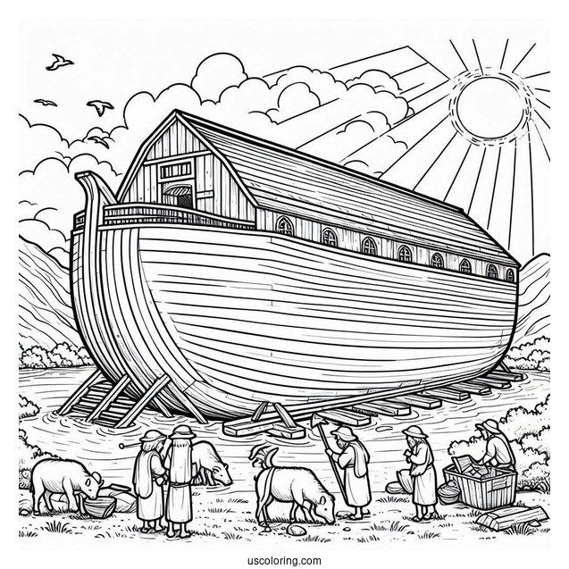 Noah's Ark Coloring Page Of Building The Ark With His Sons